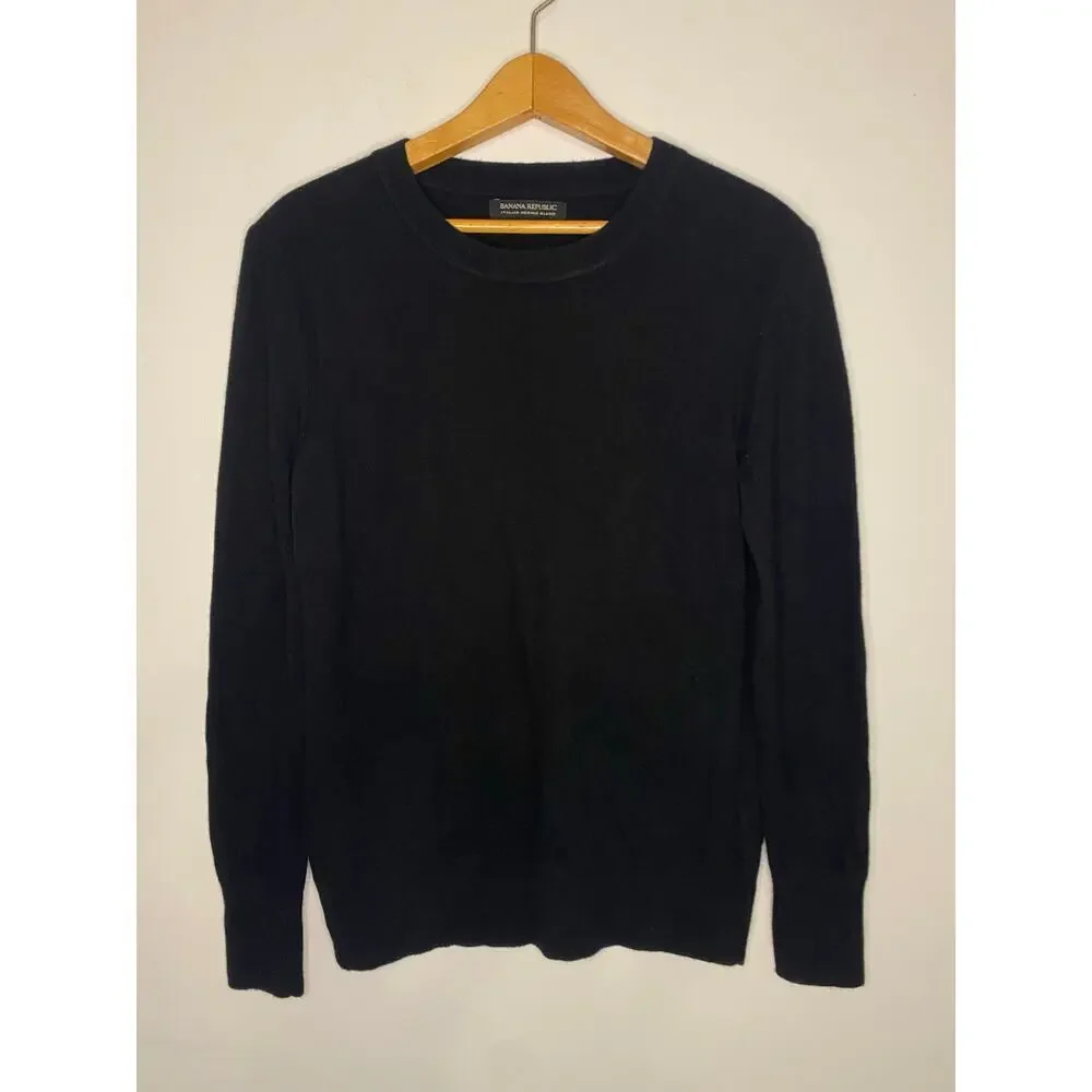 Mens Banana Republic Black Sweater Italian Merino Wool Blend Quiet Luxury Small